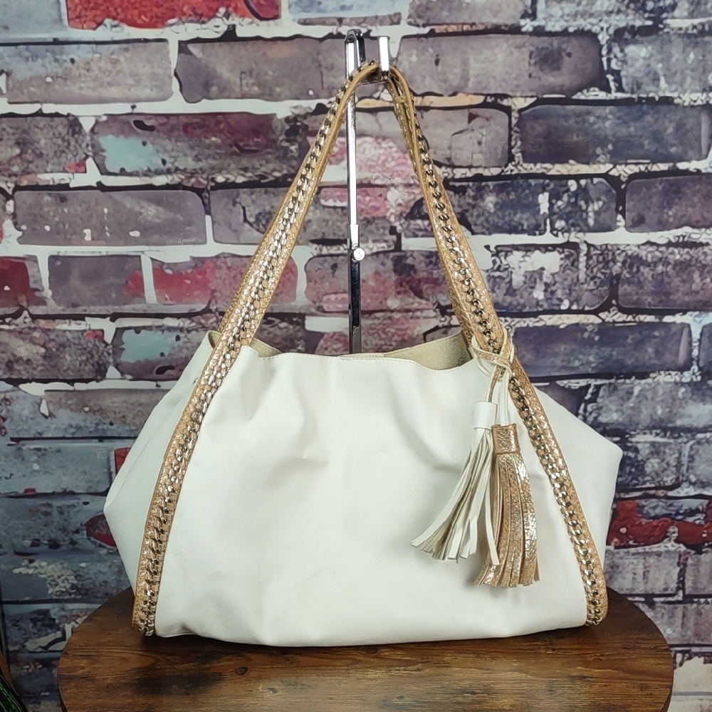 Cream and Gold Slouchy Shoulder Bag with Tassel